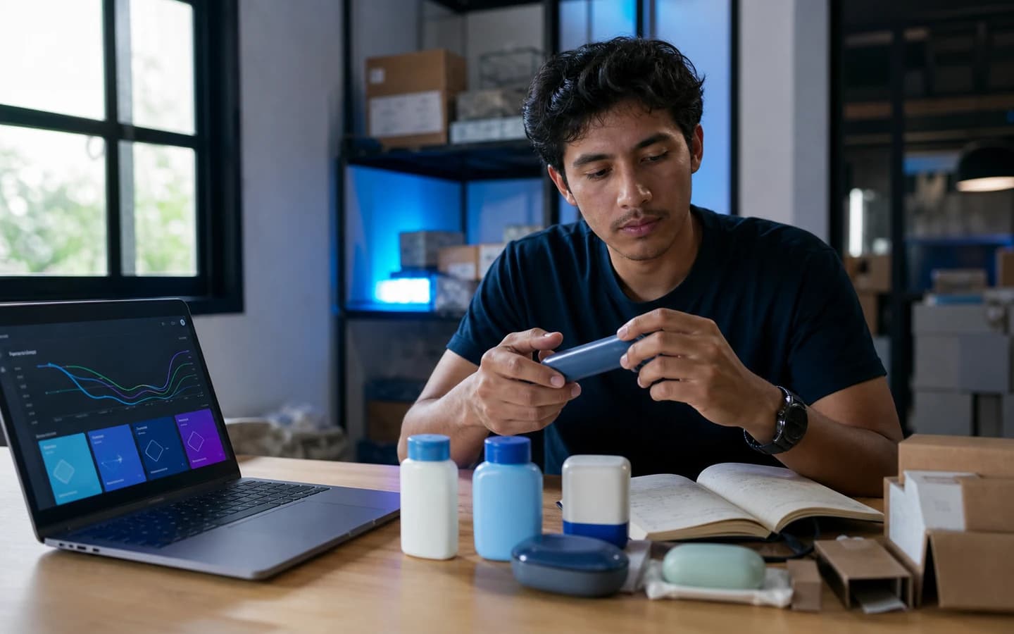 Investigador ecommerce comparando muestras de producto y señales de demanda